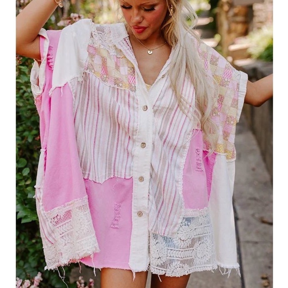 Patchwork Poncho Hoodie Pink Lace Distressed Boho M/L hippie cotton linen